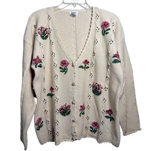 Vtg Floral Embroidered Cable Knit Cardigan Size Small Cream Pink 80s 90s Cottage
